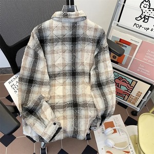 Manteau en laine à carreaux pour hommes, coupe ample, printemps-automne, veste chemise vintage, veste de qualité style moto pour jeunes - Product Image 5