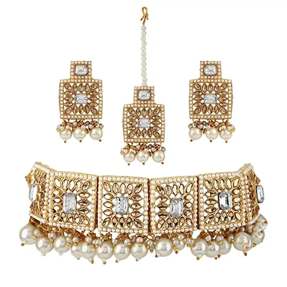 Jmc – collier indien plaqué or 18k pour femmes, ras du cou fantaisie élégant, collier traditionnel en perles Kundan, ensemble de bijoux pour femmes