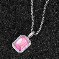 Collier Pendentif Rectangulaire OEM d'Usine, Or Blanc, Gemme Bleu Clair, Fluorescence Mocha, Entièrement Sertie de Zircons Cubiques 5A, Style Bijoux Anciens