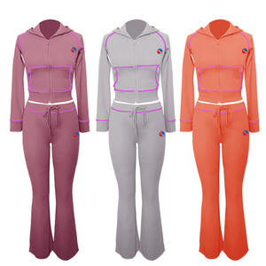 Sweat-shirt à capuche zippé patchwork avec broderie en détresse personnalisé survêtement deux pièces pour femmes ensemble pantalon de survêtement à capuche pour l'hiver - Product Image 1