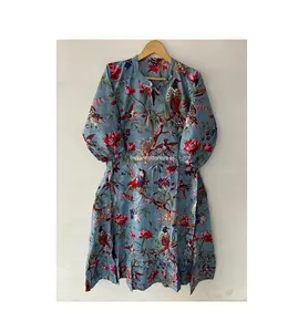 Hot Selling Gray Bird Printed Cotton Dress Floral Dress from Indian Supplier of Print Dress Long Dressing Gown