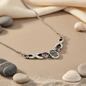Collar con colgante de corazón vintage con piedras de amatista, cadena de serpiente de plata tibetana, joyería unisex para uso diario. - Product Image 1
