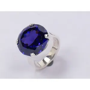 Bague en argent 925 pour femmes avec pierre précieuse bleue, sertissage à bélière personnalisable, pièce de style - Product Image 3