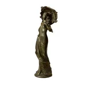 Handmade in Italy Lady with Umbrella Bronze Sculpture with green antiqued patina art collection and home decoration 33x10x10cm