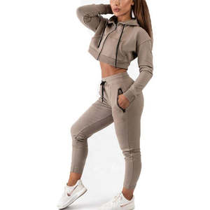Wholesale Premium Women Custom Logo Premium 100% Cotton Fleece Zipper Crop <b>Hoodie</b> and Jogger Training Tracksuit - Product Image 2