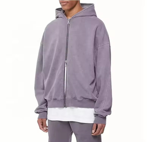 High Quality Men's Oversized Retro Baggy Acid Wash <b>Hoodie</b> 80% Cotton Winter Sun-Faded Heavyweight <b>American</b> Style Two-Way Zipper - Product Image 3