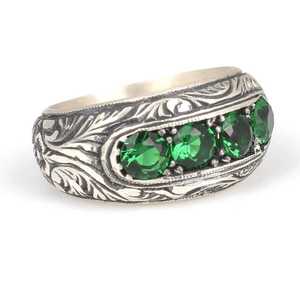 925 Sterling <b>Silver</b> Four-Row Men's Cluster <b>Ring</b> <b>Emerald</b> Green Natural Stone Geometric Pattern Everyday Wear - Product Image 2
