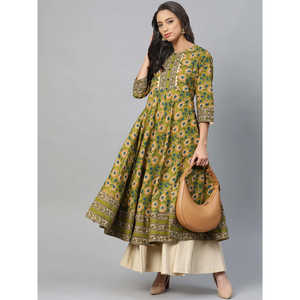 Blusa y camisa elegante de algodón con estampado floral verde para mujer Anarkali Kurta con estampado floral verde - Product Image 5