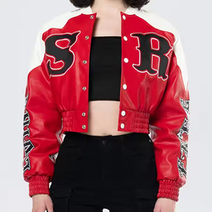 Chaqueta de Carreras de Cuero Genuino Rojo de Alta Calidad Personalizada para Mujer, Chaqueta de Motociclista Corta con Parche Bordado - Product Image 1