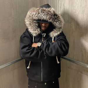 Sportish Impex Clothing Manufacturer Custom 400GSM 500GSM French Terry Zip Up <b>Hoodie</b> Distressed Detachable <b>Fur</b> Hood Men - Product Image 1