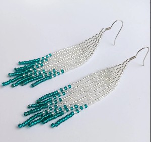 <b>Emerald</b> Statement Ombre Earrings Native Bead Elegant Gradient Earrings Dangle White Green Long Fringe Seed Bead Earrings - Product Image 1
