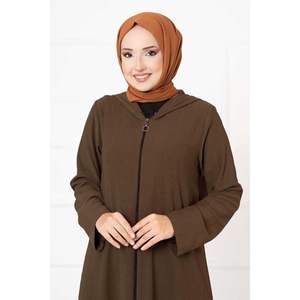 Abaya modeste à capuche et fermeture éclair marron - Product Image 3