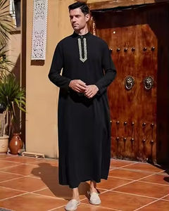 Jubba islamique respirante pour adultes et garçons, thobe à manches longues, entièrement brodée, col uni, robe de couleur unie, kaftan saoudien pour hommes - Product Image 6