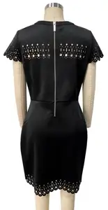Black Short Sleeve Stretch Sheath Dress Knee Length Sophisticated Feminine Laser Hollow Out Casual Summer Wear