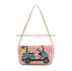 Handmade Pearl Beaded Soft Eco-Friendly Satchel Bag with Shoulder Strap Embroidered Car Design Casual Daily Use - Product Image 1