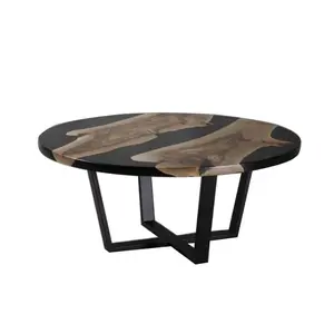 高品质手工弯曲装饰圆形树脂桌，带金属底座黑色仿古茶几木质顶部中心桌