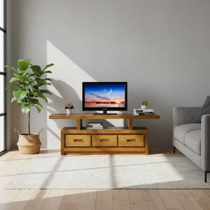 Mueble de TV Moderno Rústico de Madera de Teca con 3 Cajones, Madera Desgastada, Sostenible y Duradero, Mueble de Salón para el Hogar con Función de Almacenamiento - Product Image 5
