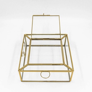 Classic Gold Brass Frame Square Glass Jewelry Box Vintage-Style Metal Keepsake <b>Tabletop</b> <b>Display</b> with Photo Frame - Product Image 3
