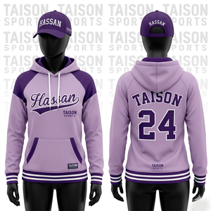 Sudadera de béisbol para mujer de algodón y poliéster grueso con forro polar, color lavanda púrpura, con paneles de manga raglán, sudaderas personalizadas para entrenamiento para hombre. - Product Image 1