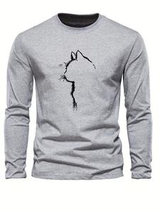 เสื้อยืดคอกลมแขนยาวสำหรับผู้ชาย, เสื้อกีฬาผ้าฝ้าย100% ใส่สบายพิมพ์ลายแมวพร้อมโลโก้ด้านหน้า - Product Image 4