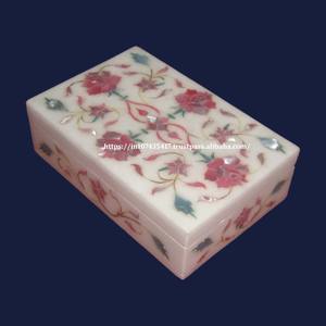 Belles boîtes à bijoux rectangulaires au design floral de lotus 10X7.5 cm nacre incrustée de pierres précieuses inspirée de l'amour marbre élégant - Product Image 4