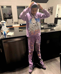 Conjunto de chándal de lavado ácido personalizado Vintage para hombre, sudadera con cremallera, pantalones de chándal acampanados holgados, algodón de rizo francés de invierno con diamantes de imitación - Product Image 3