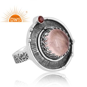 Latest Trending <b>Oxidized</b> Sterling Silver Natural Garnet & Rose Quartz Gemstone Statement Ring Custom Jewelry For Women - Product Image 3