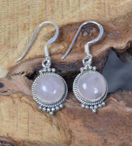 Natural Pink Rose Quartz Cabochon Round 10mm Bezel Setting Baho Vintage Dangle <b>Drop</b> Solid 925 Sterling <b>Silver</b> Handmade <b>Earring</b> - Product Image 3