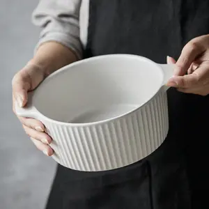 Jarwah Round Fruit Bowl Oil Ceramic Matte White Ceramic Serving Salad Bowl Double Eared Large Soup Bowl With Handle