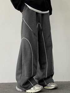 Pantalones de chándal de pierna ancha gris oscuro para hombre, 100% algodón, tela de pana pesada lavada, ajuste drapeado suelto, cordón de puntada curvada - Product Image 2