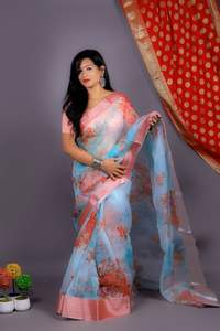 Saree de organza pesada con estampado floral blanco, trabajo para mujer - Product Image 4