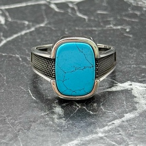 Handmade Mens <b>Turquoise</b> <b>Ring</b> Vintage Minimalist Sterling Silver Statement Jewelry Blue Stone Inlay 18K Perfect Gift for Him - Product Image 2