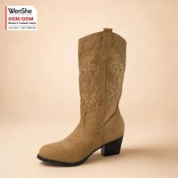 Bottes de cowboy western marron brodées sur mesure OEM ODM à talon épais mi-mollet, échantillon rapide, faible MOQ, usine de chaussures pour femmes aux États-Unis