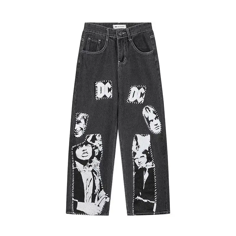 Pantalones holgados de calle negros de mezclilla de pierna ancha estilo hip hop impresos personalizados