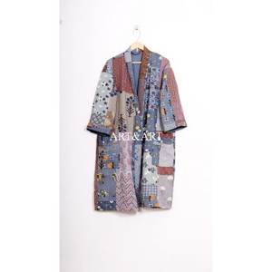 Hand-Stitched Black Patchwork Floral Design Summer Kimono Bath Robe Cut Work <b>Cardigan</b> Handmade Multi Kantha Quilted Breathable - Product Image 1