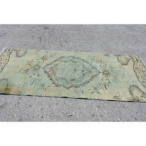 Alfombra Vintage de lana verde y Beige de 3,3x8,5 pies, hecha a mano, turca, gran área abstracta, rectángulo, pasillo, diseño de retazos, látex para habitación - Product Image 3