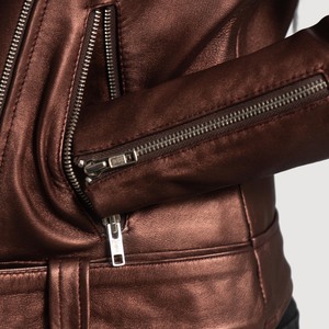 Chaqueta de Motociclista Otoñal Rumy Reversible de Cuero Marrón (Piel de Oveja) Personalizable, Chaqueta Bomber de Satén con Rayas de Poliéster y Algodón - Product Image 5
