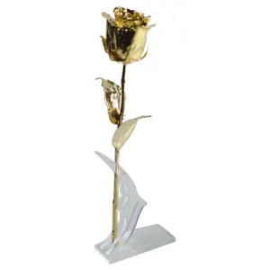 24K plaqué or et couleur argent Rose éternelle vraie fleur et feuilles à l'intérieur pour cadeau de saint-valentin fleur en métal artisanat avec Base