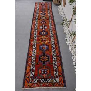 2.6x11.7 ft Turkish Herki Rug, <b>Red</b> Abstract Vintage <b>Wool</b> Rug - Product Image 1