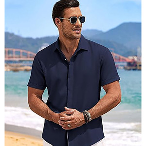 MenLinen camisa de manga corta con botones Casual verano playa boda camisa suelta ajuste algodón Lino Color sólido Tops - Product Image 4