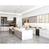 Ensemble complet d'îlots de cuisine modernes en bois MDF stratifié avec dessus en marbre blanc, fabrication sur mesure en Chine
