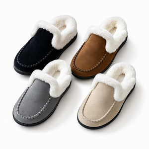 Mules plates confortables pour femme en faux daim et fausse fourrure, doublées en peluche, à bout rond, à enfiler, à plateforme basse, pour intérieur, couleur taupe, style mariée - Product Image 1