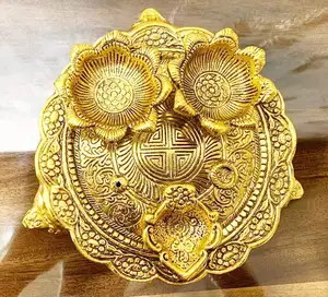 Gold Plated Oxidized Pooja Thali with Diya Diwali Return Gift Wedding Favor Indian Festival Decorative Thali