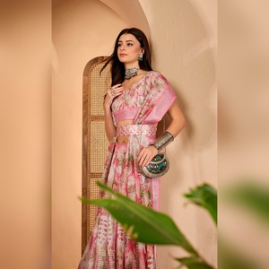 Sari de Lino y Algodón con Estampado Digital Abstracto Vibrante Personalizado GG-141 metros, Color Rosa Iska en Contraste, Elegante Caída - Product Image 4