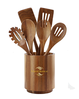 Vietchoice Hilda Model Beste Keuze Teakhouten 6-delige Keukenhulpjesset Lange Steellepels Spatels Vorken Vaatwasser- en Ovenbestendig