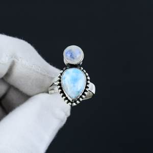 Anillo de Dos Piedras de Larimar y Piedra Lunar, Anillo de Plata de Ley 925 para Mujer, Joyería Bohemia con Forma de Lágrima de Arcoíris Blanco - Product Image 4