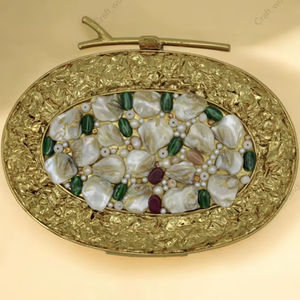 Handcrafted Oval Gold Metal <b>Clutch</b> With <b>Pearl</b> Shell Bead Inlay Luxury Bridal Party Evening Statement Handbag Accessory Design - Product Image 1