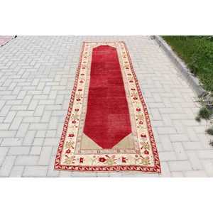 3x9.8 ft <b>Runner</b> Turkish Rug Vintage Patchwork Design Eco-Friendly Traditional <b>Red</b> White Persian Wool Rug with Latex Backing - Product Image 1