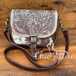 High Quality Custom Hair on Tooled Leather Crossbody Bag for Women's Western Genuine Leather Floral Purse Cowhide Shoulder Bags - Product Image 1