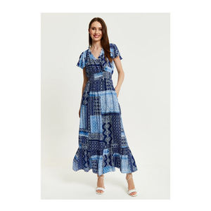 Tendance 2024 femmes vêtements imprimé Maxi robe bleu carreaux imprimé Maxi robe avec manches courtes robe léger été confort - Product Image 1